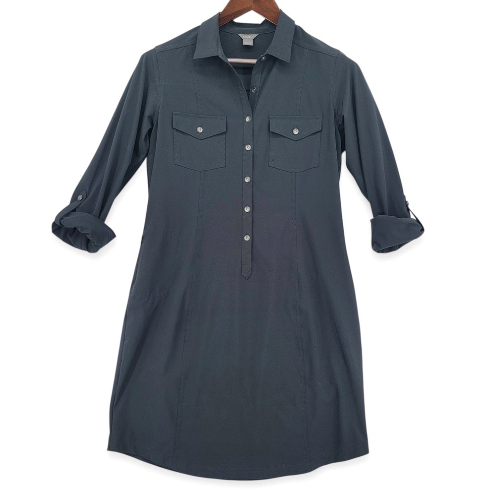 Eddie Bauer Women S Shirt‎ Dress Polyester Stretch Black Button Front Utility